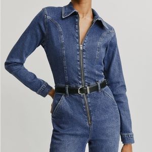 Reformation Indigo Denim Zip-Front Jumpsuit with Black Belt